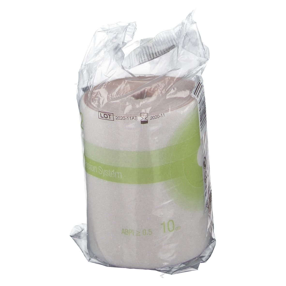 Rotolo di benda in confezione di plastica trasparente. Il prodotto è visibile. Sfondo bianco.