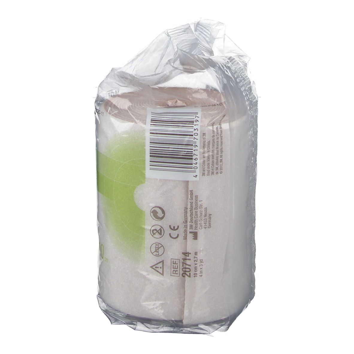 Rotolo di benda in confezione di plastica. Stampa: 3M Coban 2 Lite. Strisce verdi. Confezione trasparente.