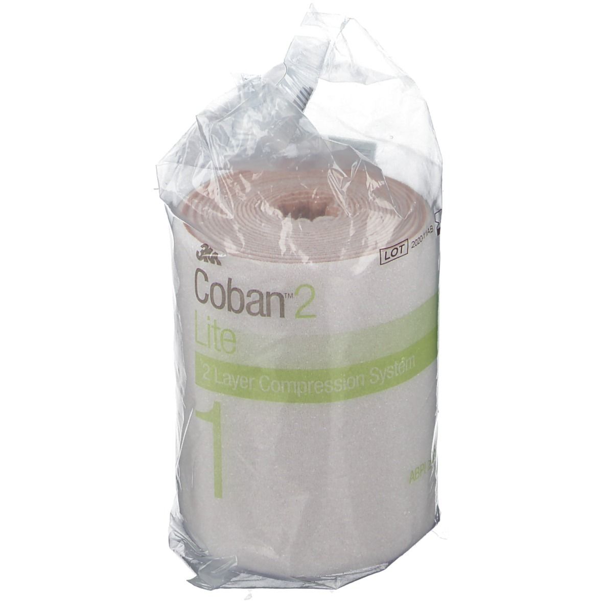 Rotolo di benda in confezione di plastica. Codice a barre ed etichetta. Confezione trasparente. Prodotto visibile.