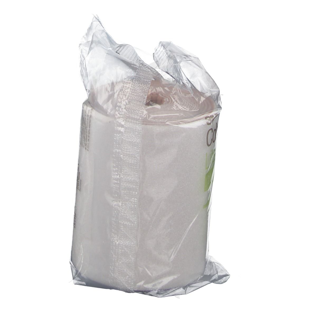 Rotolo di benda in confezione di plastica. Etichetta con informazioni. Strisce verdi. Confezione trasparente.