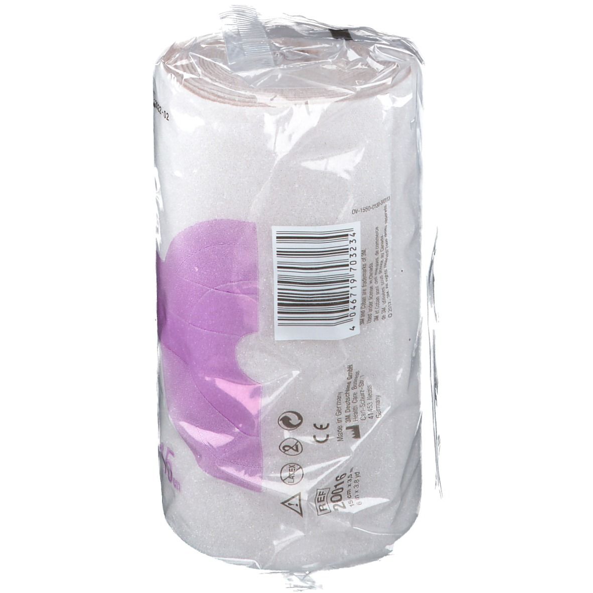 Benda bianca confezionata. Scritta: 3M Coban 2, sistema 2 strati, 15 cm.