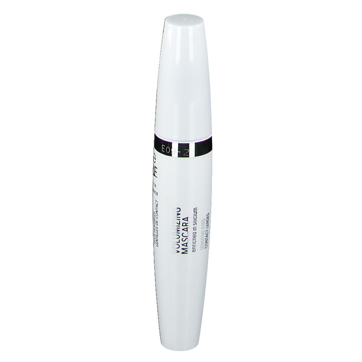 Tubo mascara bianco con fascia nera. Testo: VOLUMIZING MASCARA, arricchito con silicio.