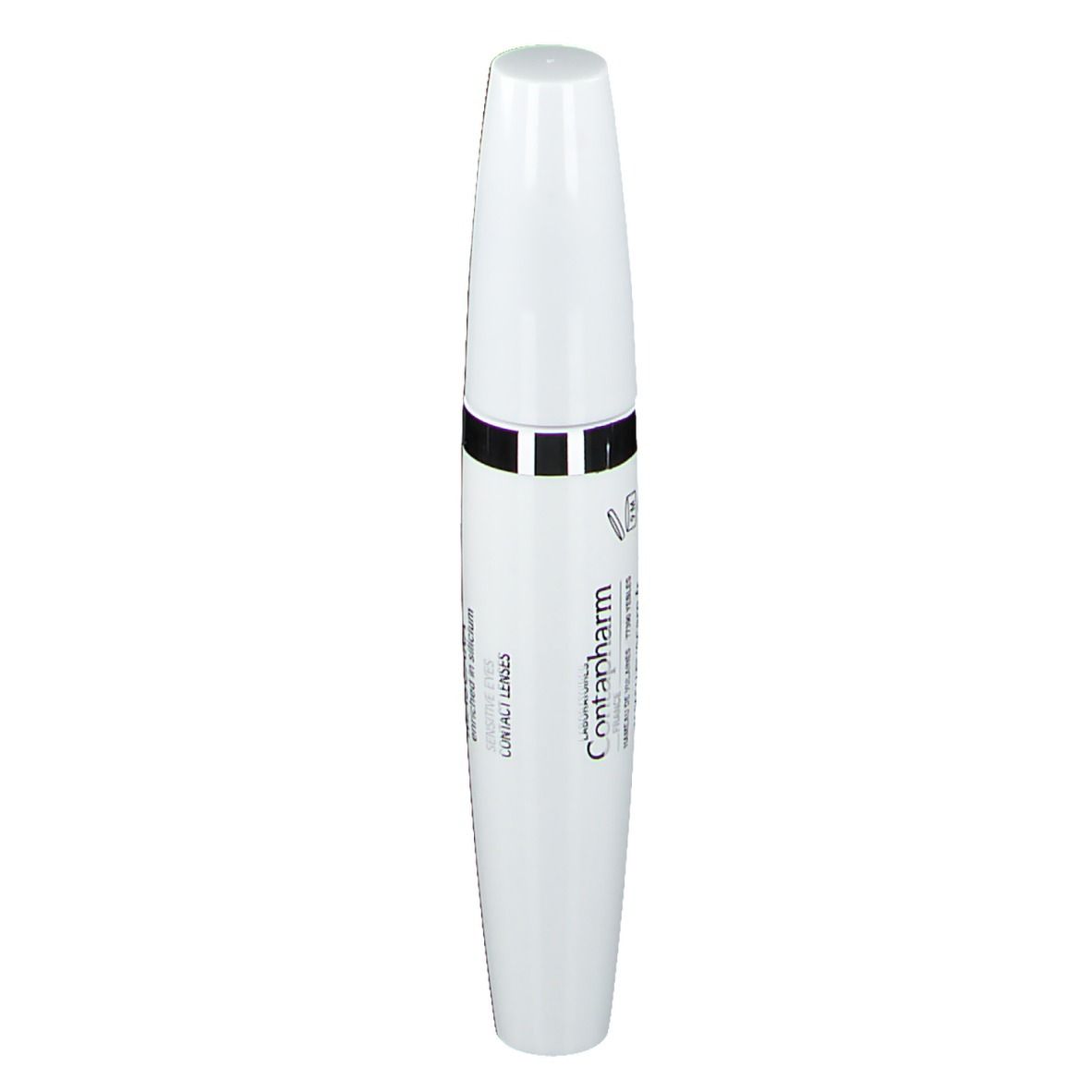 Tubo mascara bianco con fascia nera. Testo: Contapharm, per lenti a contatto.