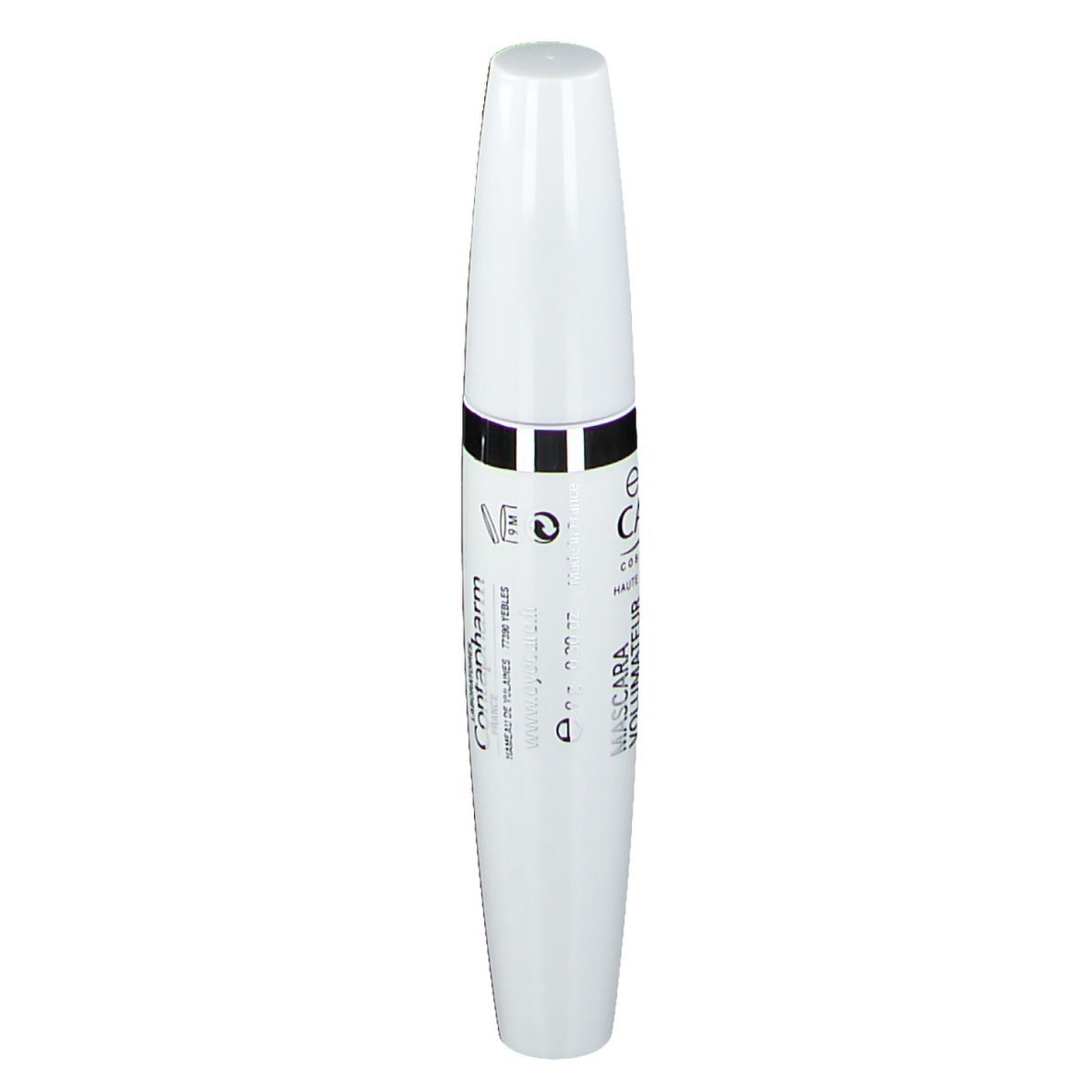 Tubo mascara bianco con fascia nera. Testo: Contapharm, per lenti a contatto, mascara.