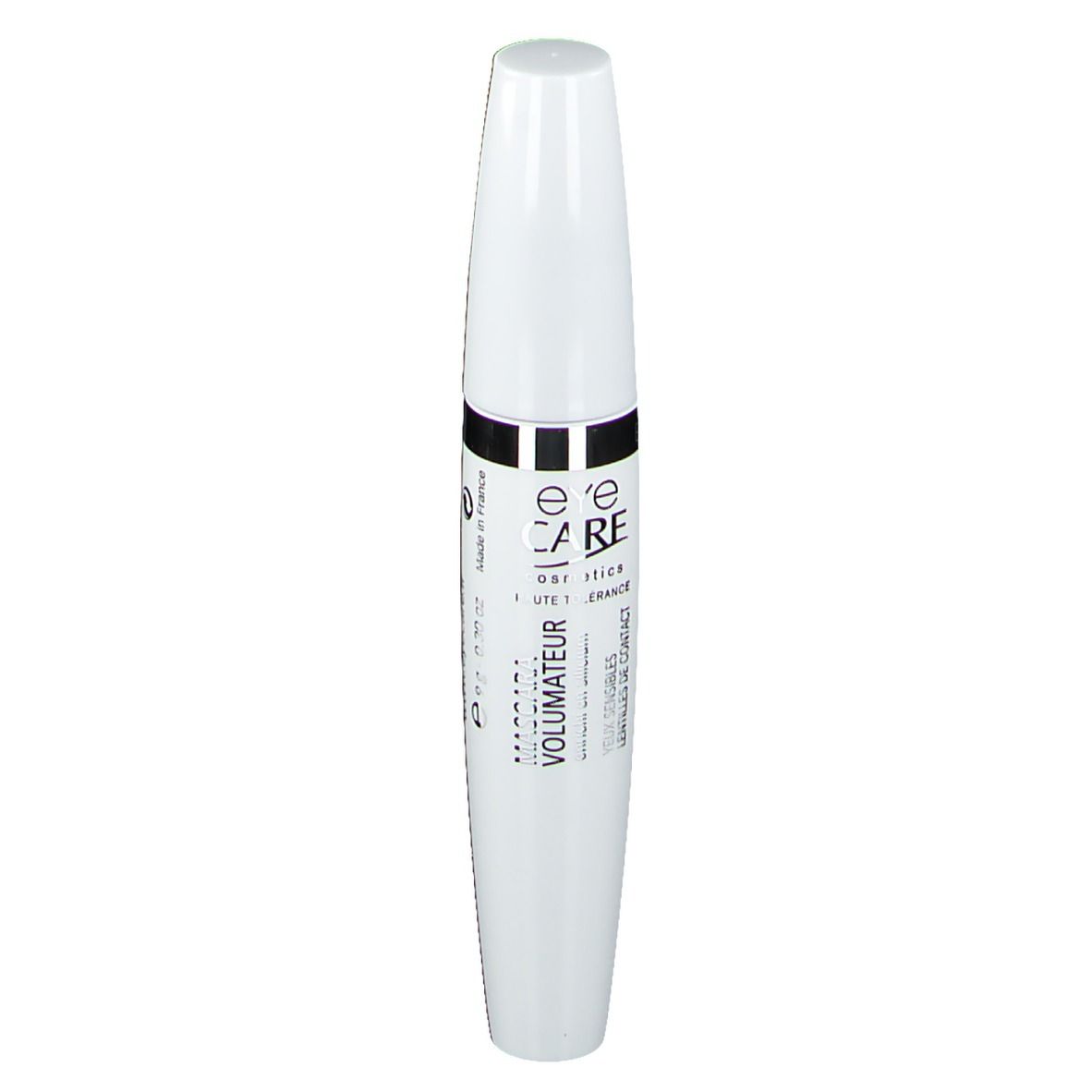Tubo mascara bianco con fascia nera. Testo: EYE CARE, Volumateur, per occhi sensibili.