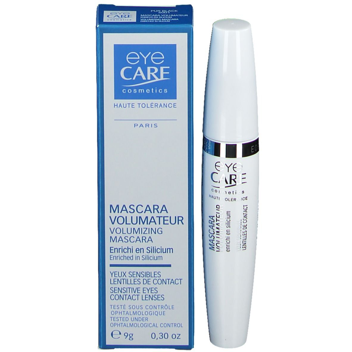 Scatola blu e tubo mascara bianco. Testo: EYE CARE, Mascara Volumateur, per occhi sensibili.