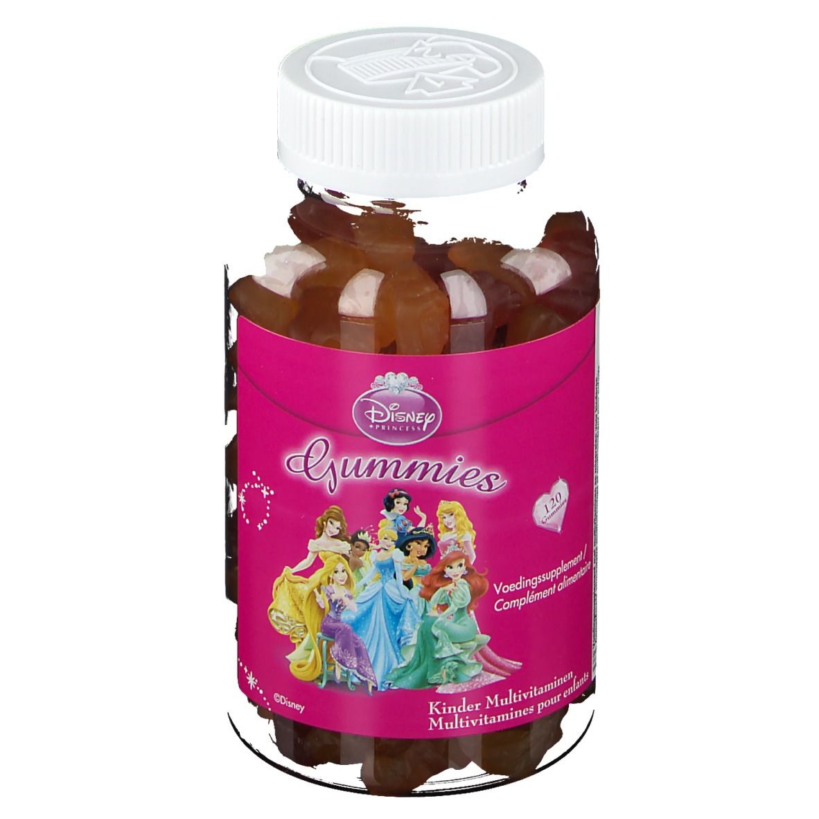 Disney Gummies Multivitamine Principesse. Flacone con caramelle gommose. Etichetta rosa con principesse. Coperchio bianco.