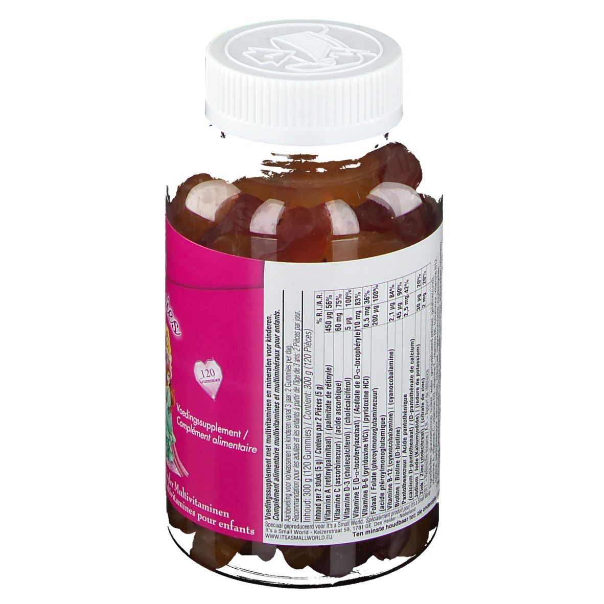 Disney Gummies Multivitamine Principesse. Flacone con caramelle gommose. Retro con informazioni nutrizionali. Coperchio bianco.