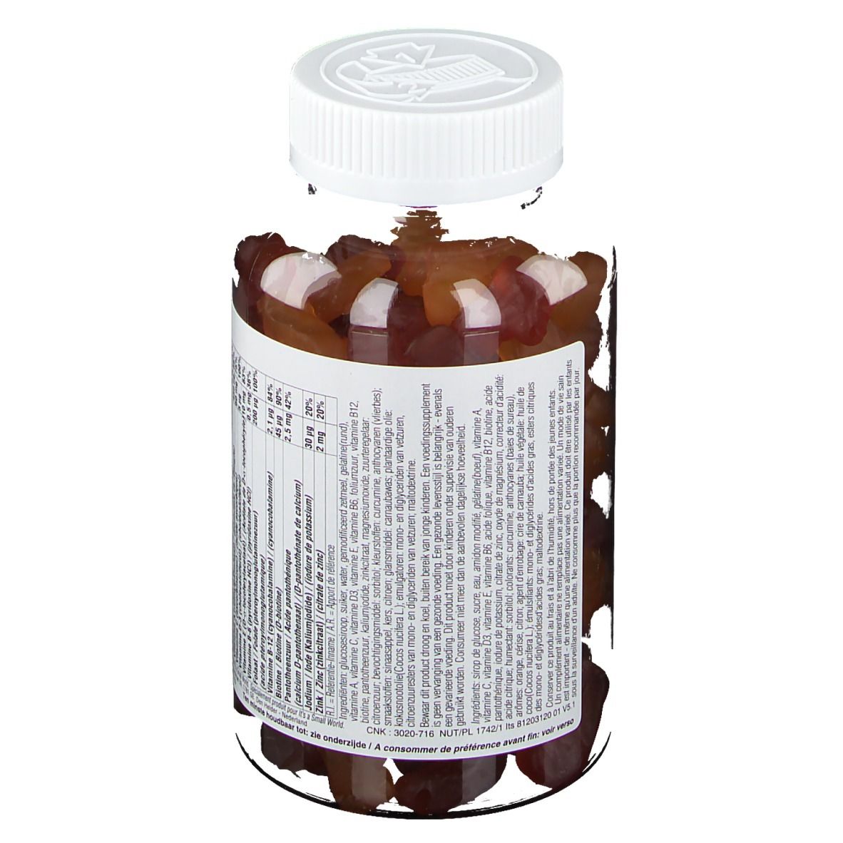 Disney Gummies Multivitamine Principesse. Flacone con caramelle gommose. Retro con informazioni nutrizionali. Coperchio bianco.