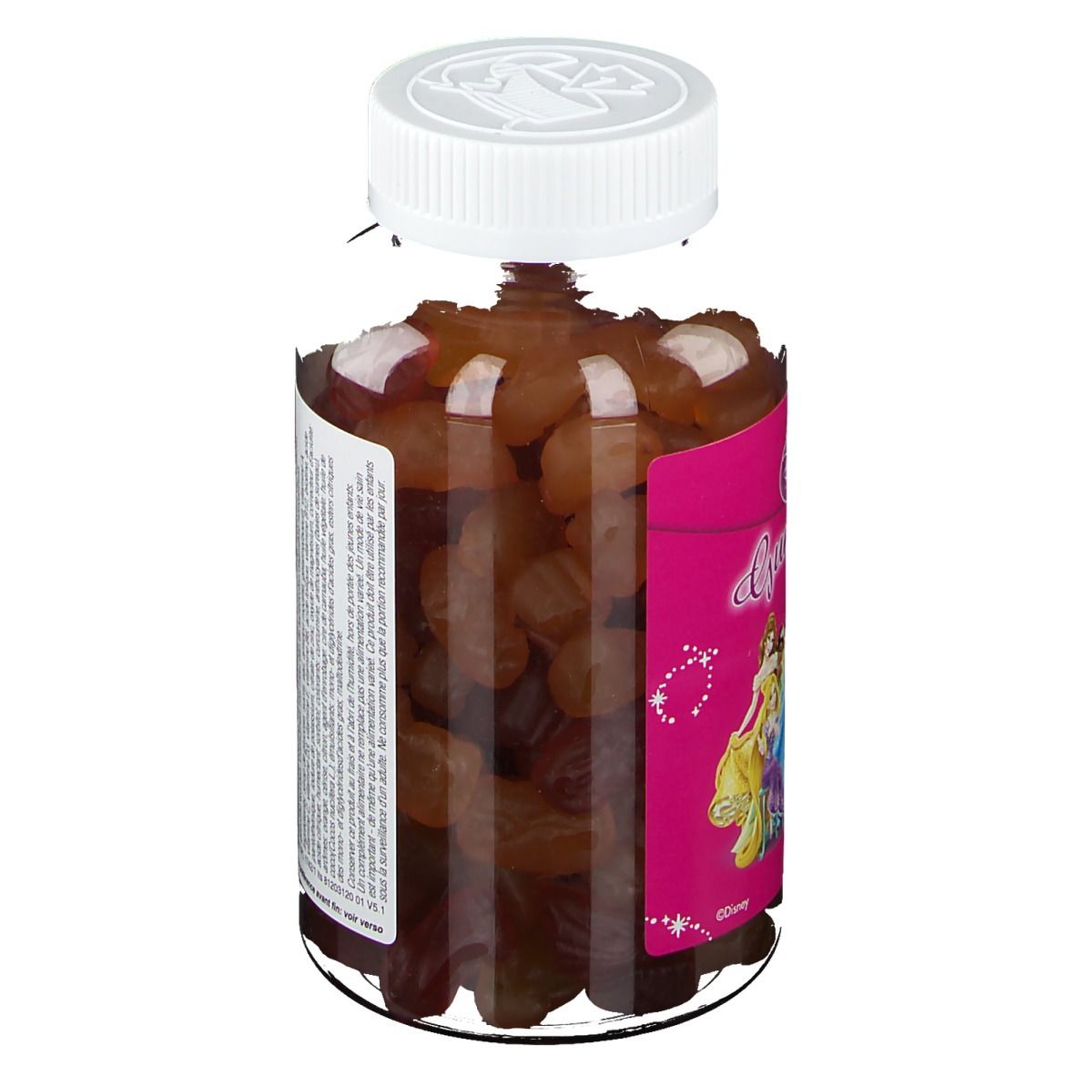 Disney Gummies Multivitamine Principesse. Flacone con caramelle gommose. Etichetta rosa con principesse. Coperchio bianco.