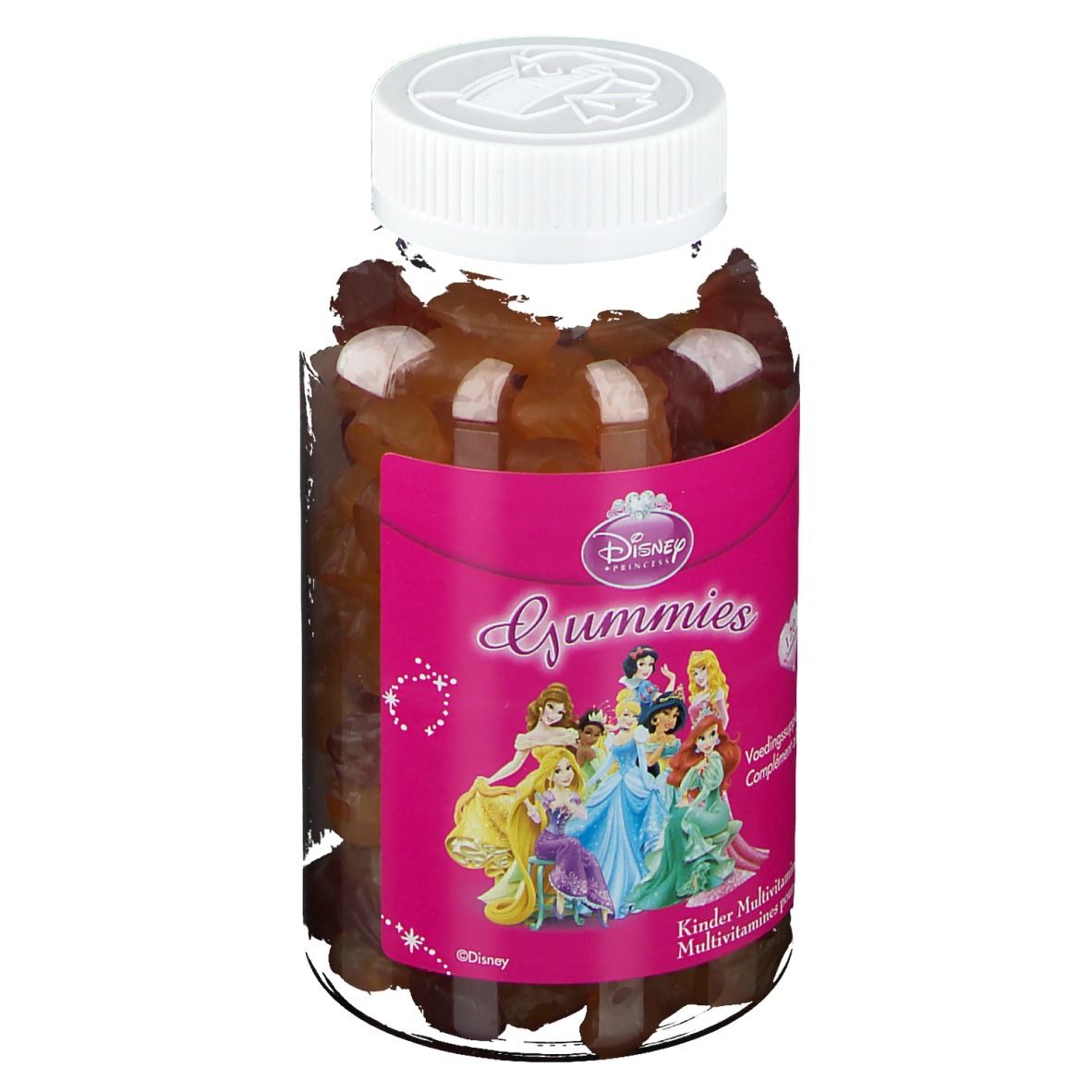 Disney Gummies Multivitamine Principesse. Flacone con caramelle gommose. Etichetta rosa con principesse. Coperchio bianco.