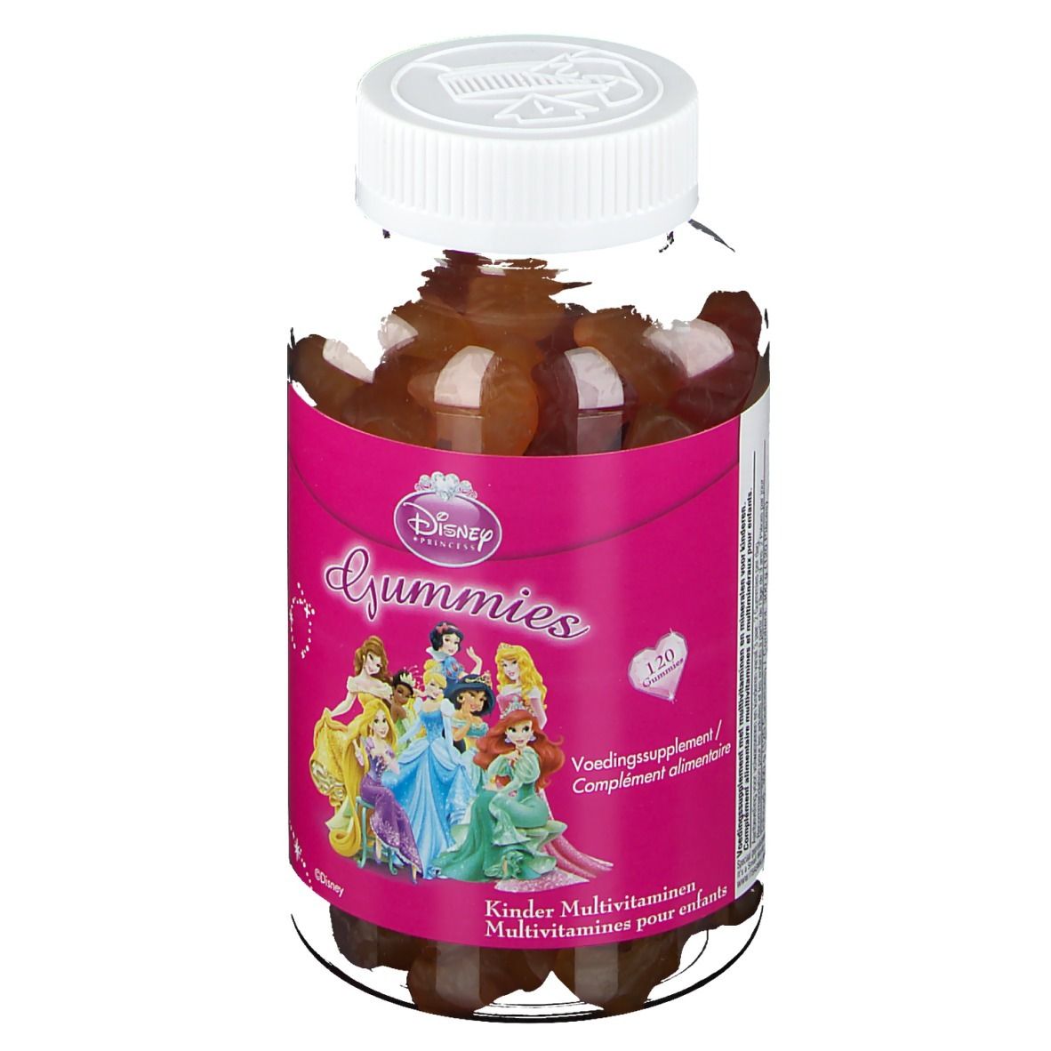 Disney Gummies Multivitamine Principesse. Flacone con caramelle gommose. Etichetta rosa con principesse. Coperchio bianco.