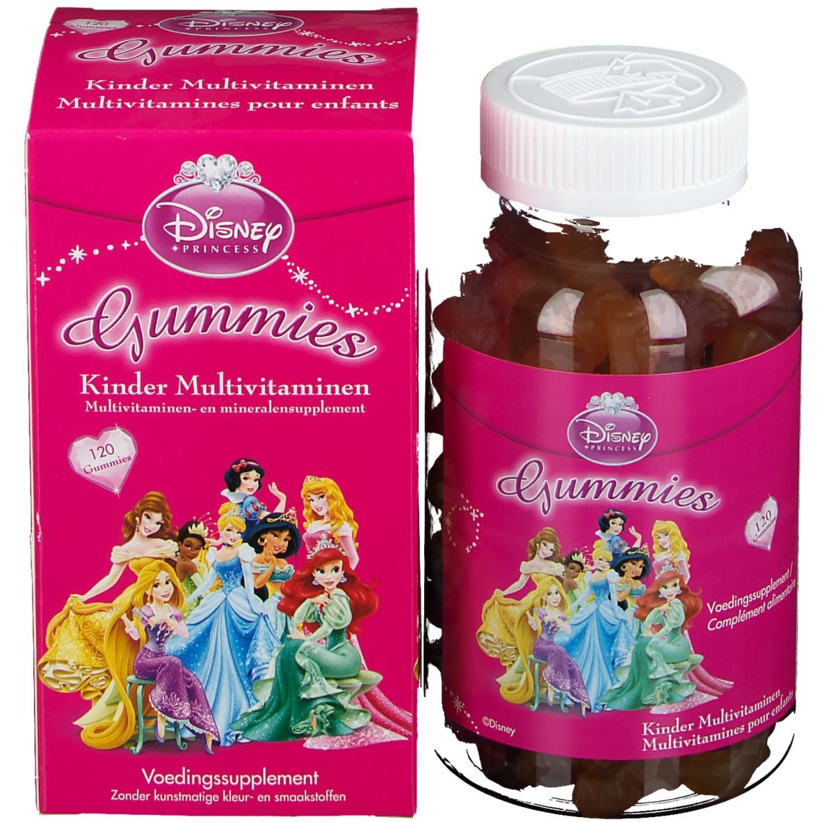 Disney Gummies Multivitamine Principesse. Confezione rosa e flacone con caramelle gommose. Stampa con principesse.