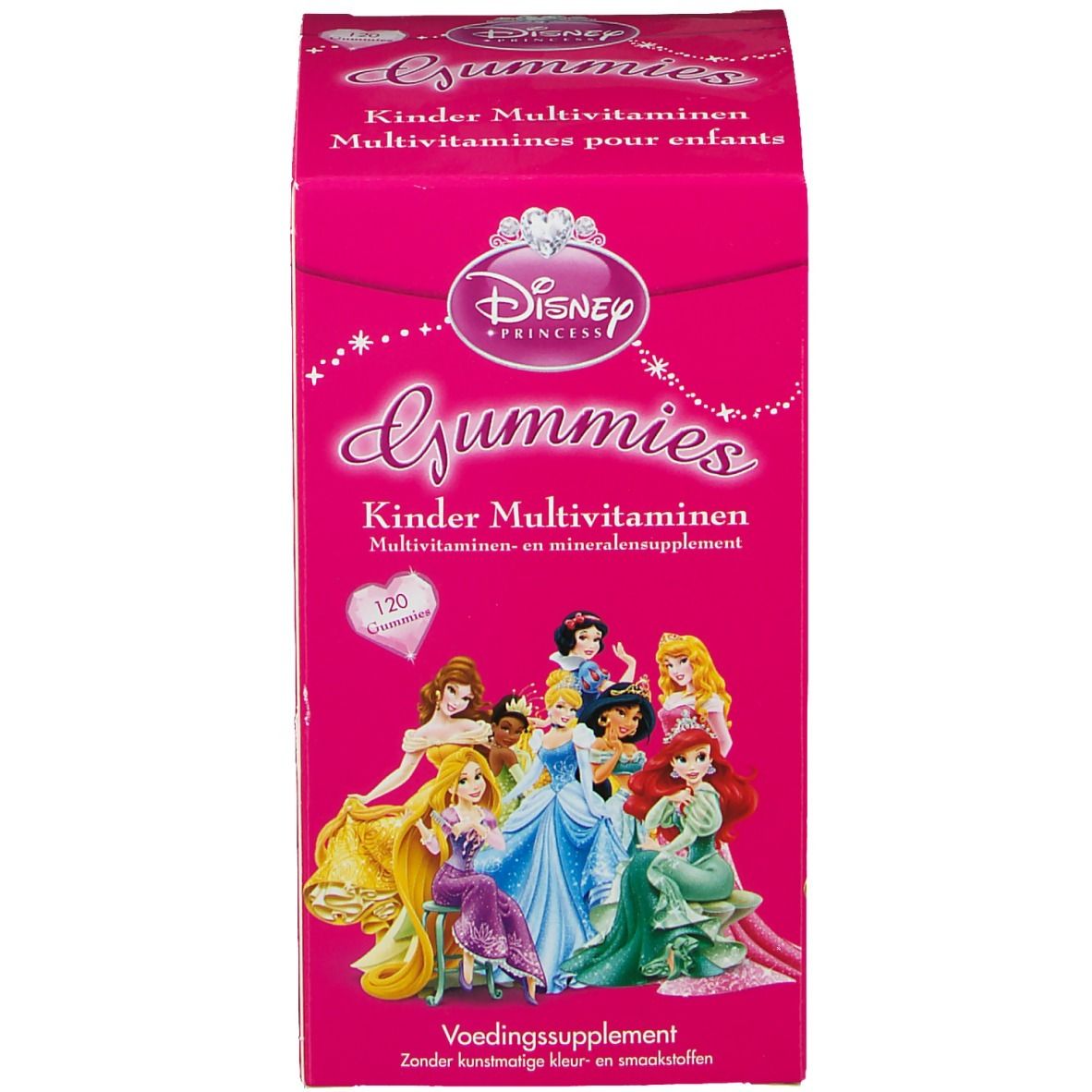Disney Gummies Multivitamine Principesse. Confezione rosa con principesse. Stampa con informazioni sul prodotto.