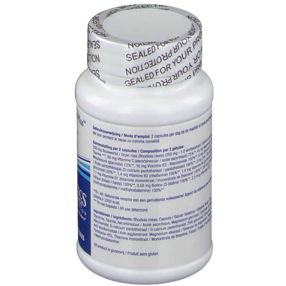 Retro del flacone di capsule. Testo con ingredienti e dosaggio. Tappo con scritta 'SEALED FOR YOUR PROTECTION'.