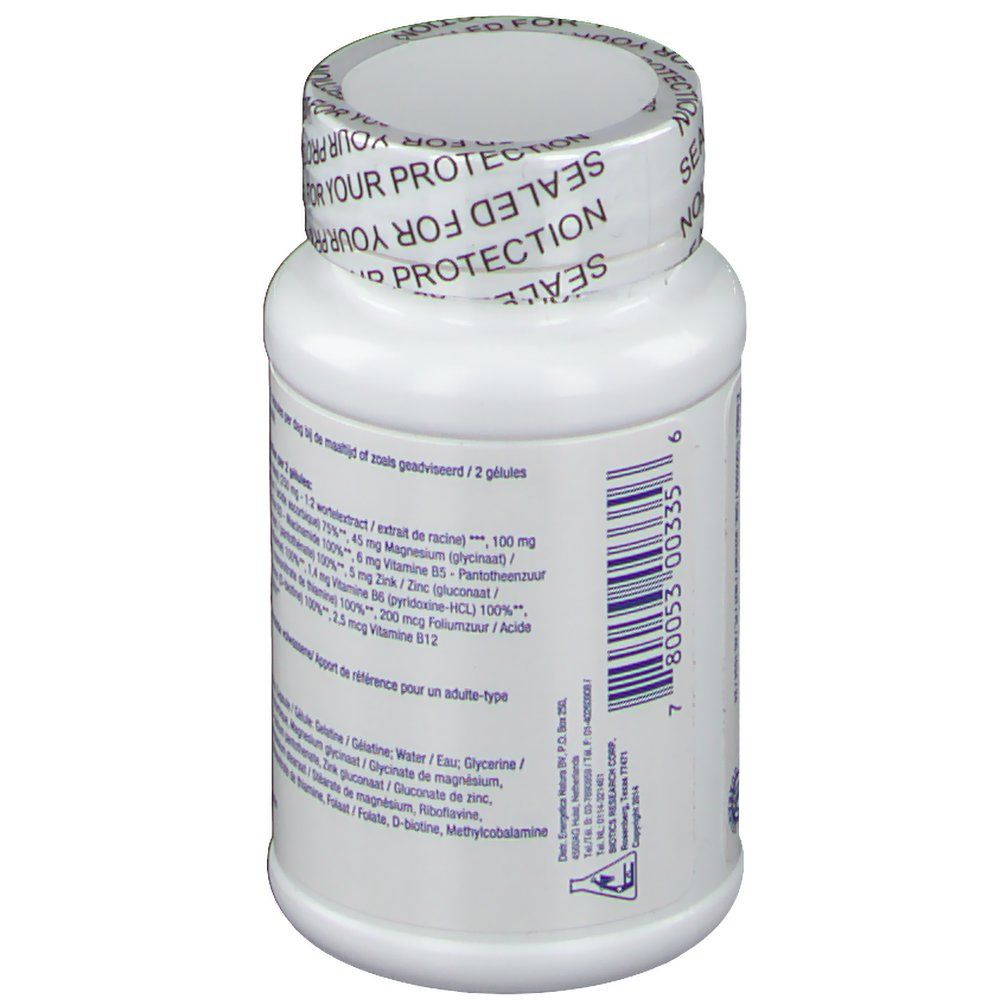 Retro del flacone di capsule. Testo con ingredienti e dosaggio. Tappo con scritta 'SEALED FOR YOUR PROTECTION'.