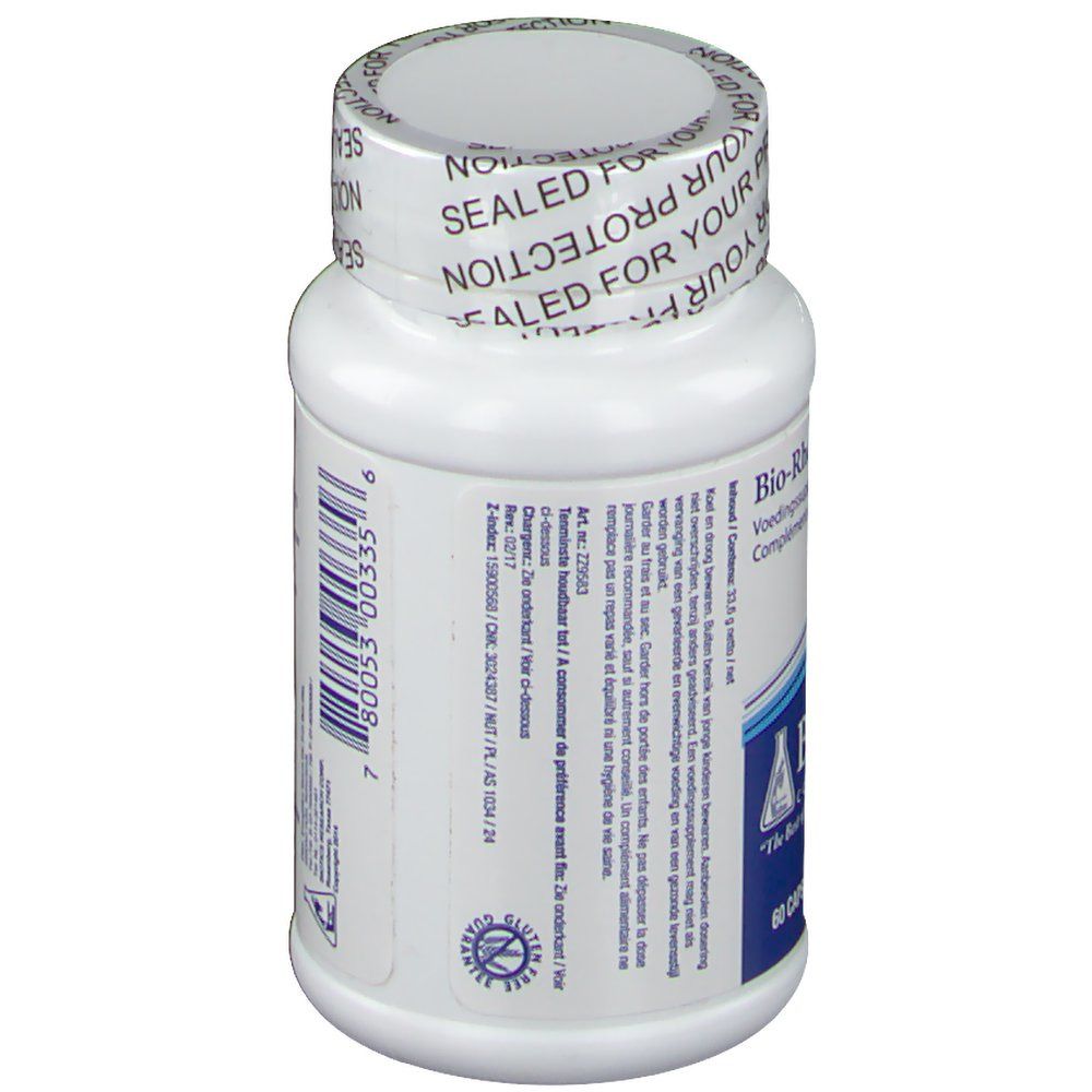 Vista laterale del flacone di capsule. Testo con ingredienti e dosaggio. Tappo con scritta 'SEALED FOR YOUR PROTECTION'.