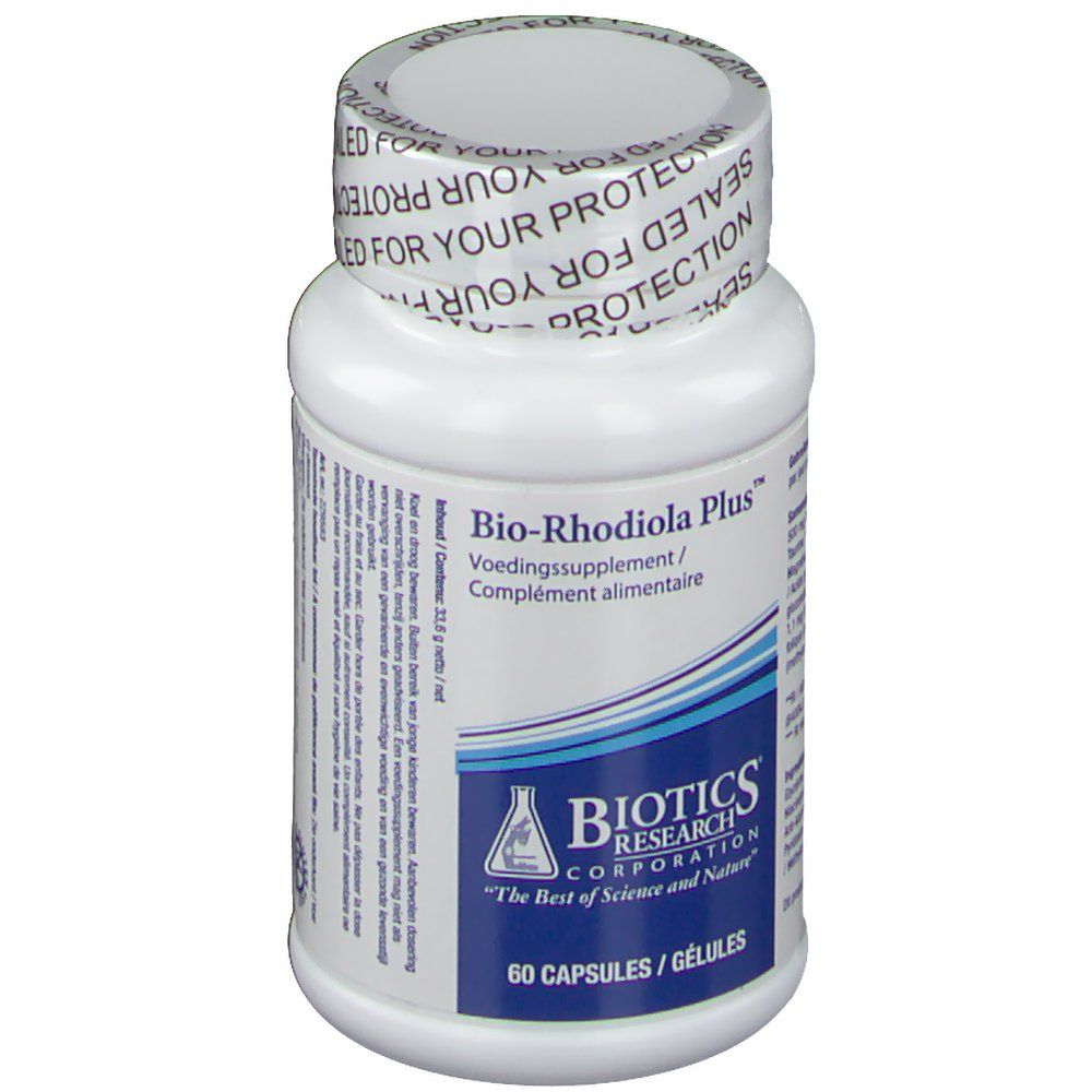 Flacone bianco con capsule. Scritta: Bio-Rhodiola Plus, 60 capsule. Logo Biotics Research.