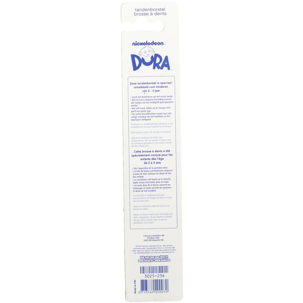 Retro della confezione blister. Testo multilingue. Logo Nickelodeon Dora. Codice prodotto 3021-236.