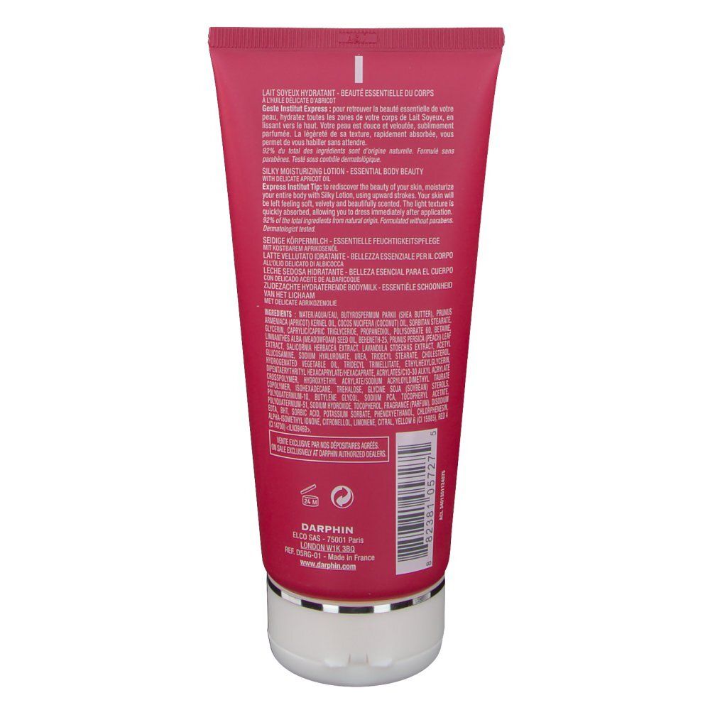 Retro del tubo rosso. Testo multilingue. Tappo bianco.