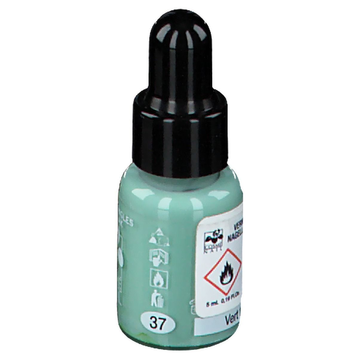Smalto per unghie verde in flacone contagocce. Tappo nero. Scritta: 37, 8 ml, Vert.