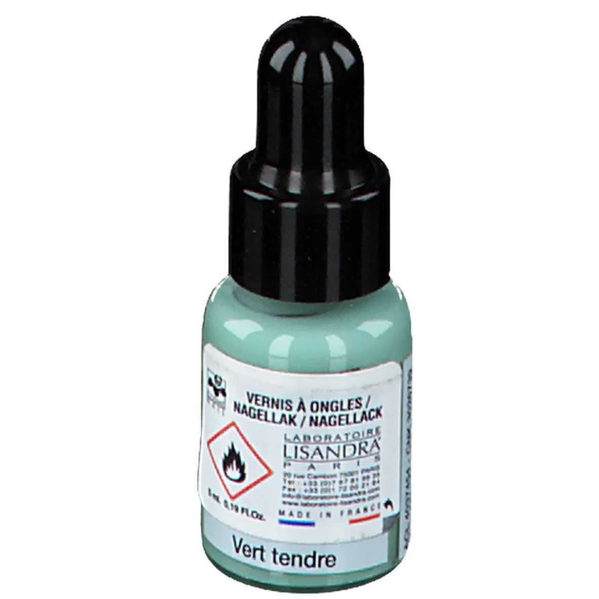 Smalto per unghie verde in flacone contagocce. Tappo nero. Scritta: Vert tendre, 5 ml.