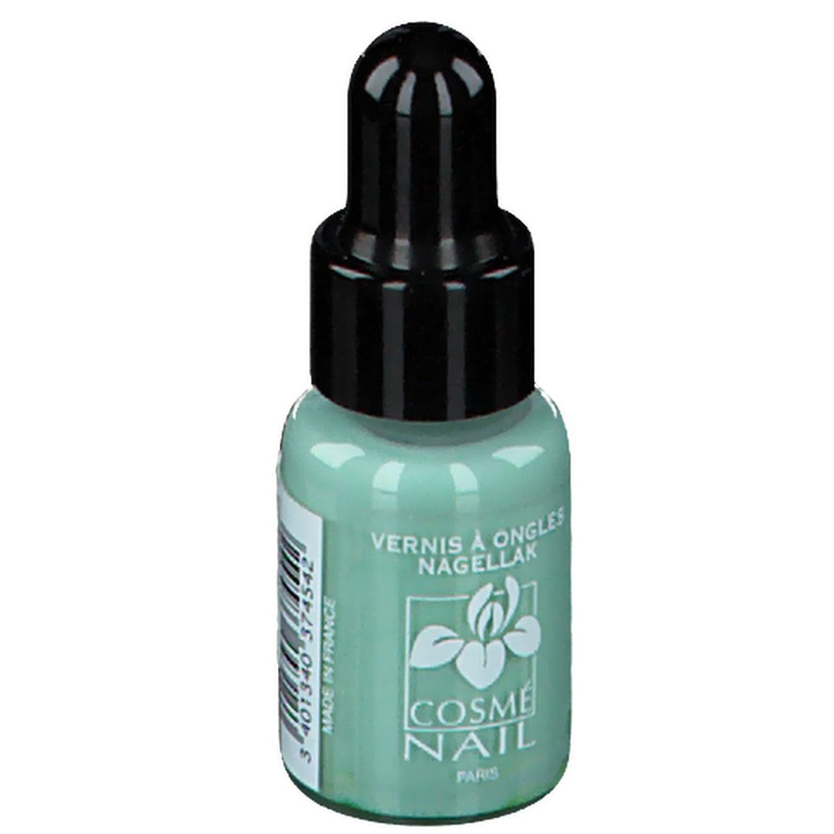 Smalto per unghie verde in flacone contagocce. Tappo nero. Scritta: Cosmé Nail, Made in France.
