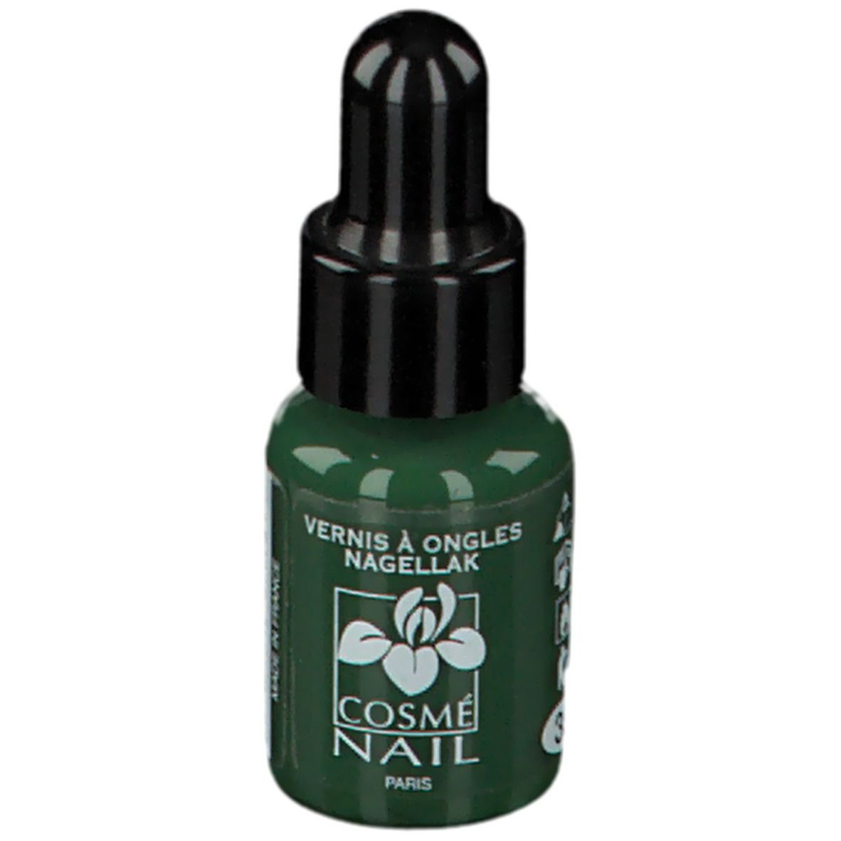 Flacone di smalto verde con tappo nero. Scritta: Cosménail Paris. Colore: Verde Smeraldo Chiaro.