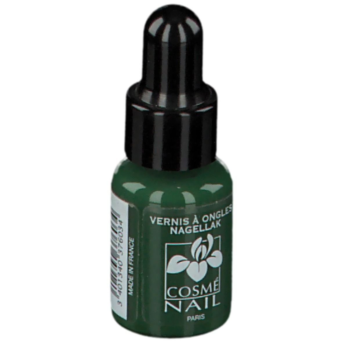 Flacone di smalto verde con tappo nero. Scritta: Cosménail Paris. Made in France. Codice a barre.