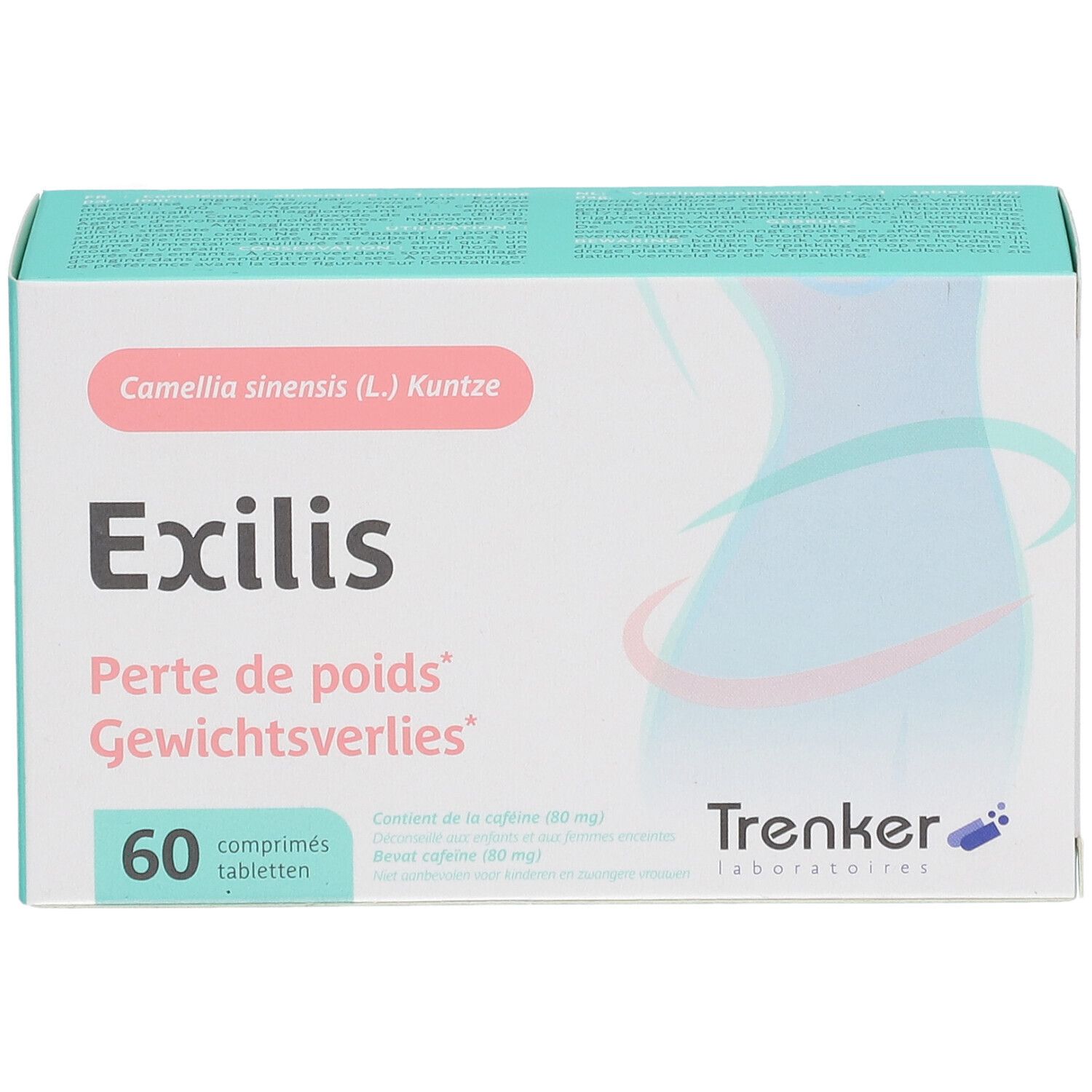 Scatola "Exilis" con "Poids", "Gewichtsverlies". Contiene 60 compresse. Marchio Trenker. Silhouette.