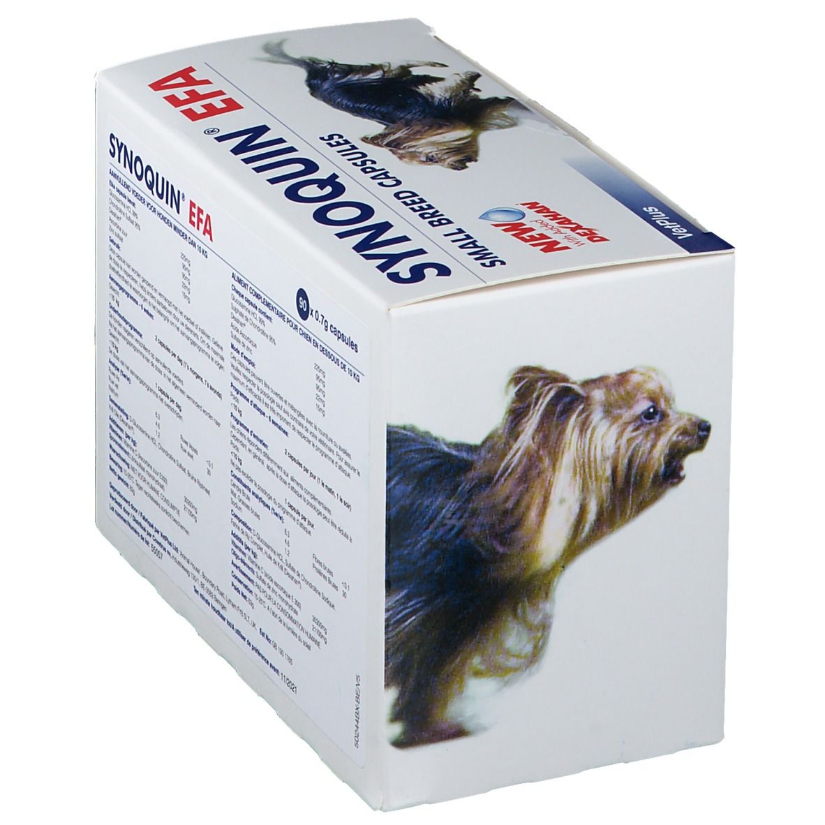 Confezione del prodotto con testo. Scritto: Synoquin EFA, Small Breed Capsules. Immagine di cane. Con Dexahan.