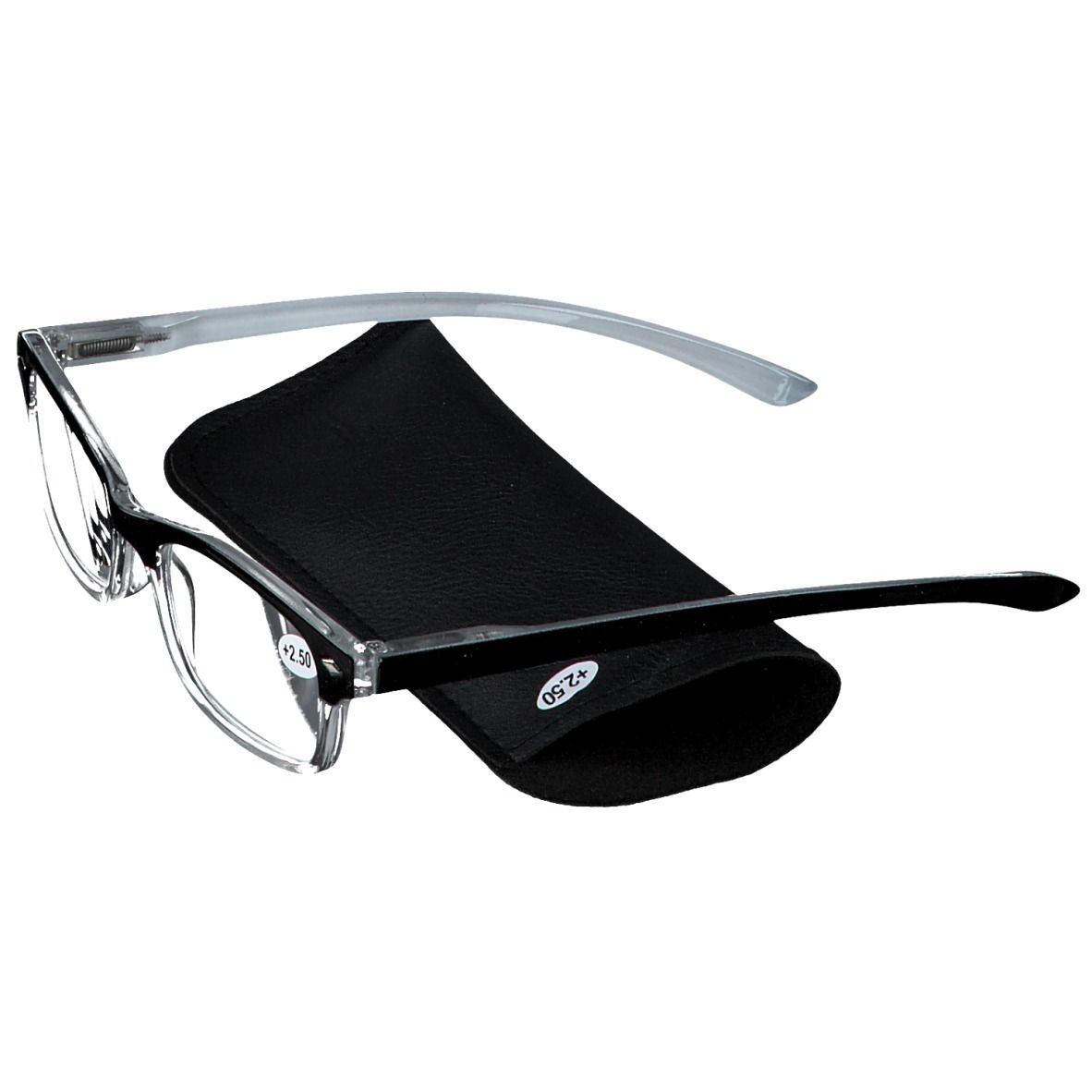 Occhiali da lettura grigi +2,5 con custodia nera. Montatura nera, aste grigie.