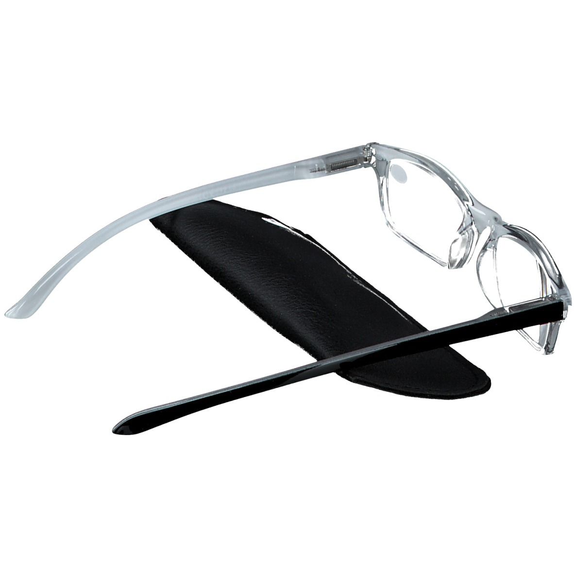 Occhiali da lettura grigi +2,5 con custodia nera. Montatura nera, aste grigie.