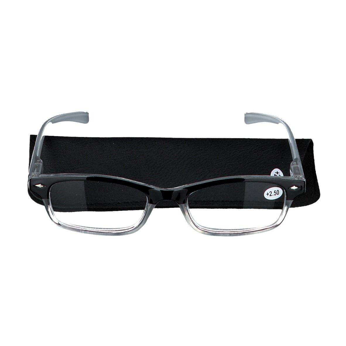 Occhiali da lettura grigi +2,5 con custodia nera. Montatura nera, aste grigie.