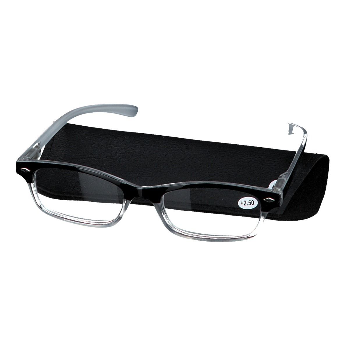 Occhiali da lettura grigi +2,5 con custodia nera. Montatura nera, aste grigie.