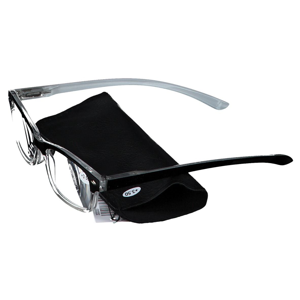 Occhiali da lettura grigi con montatura nera e custodia. L'etichetta indica +3,50.