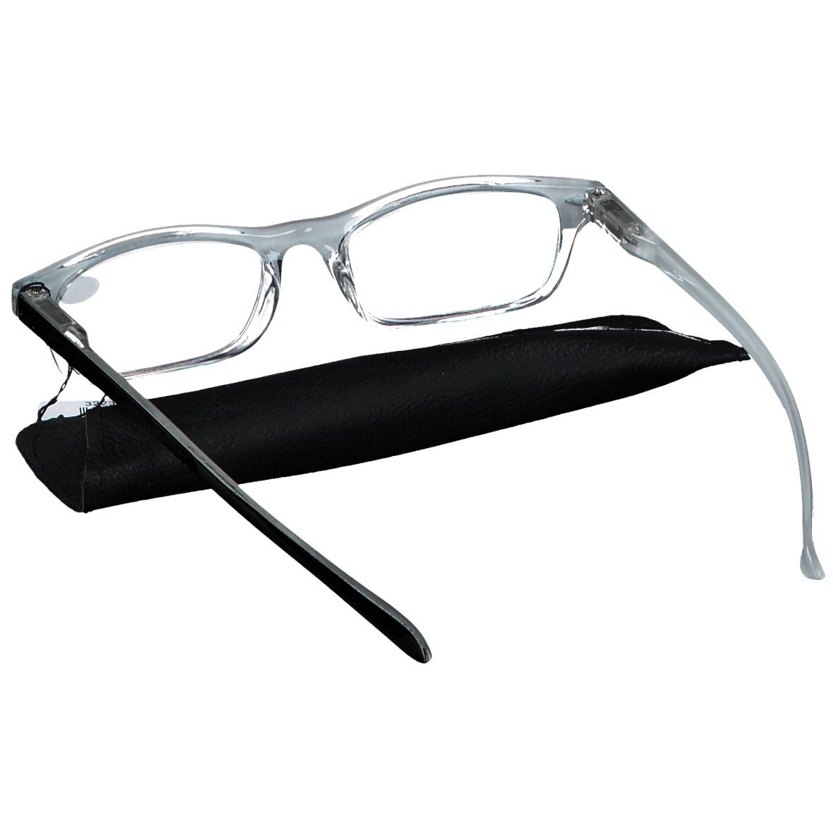 Occhiali da lettura grigi con montatura nera e custodia. L'etichetta indica +3,50.