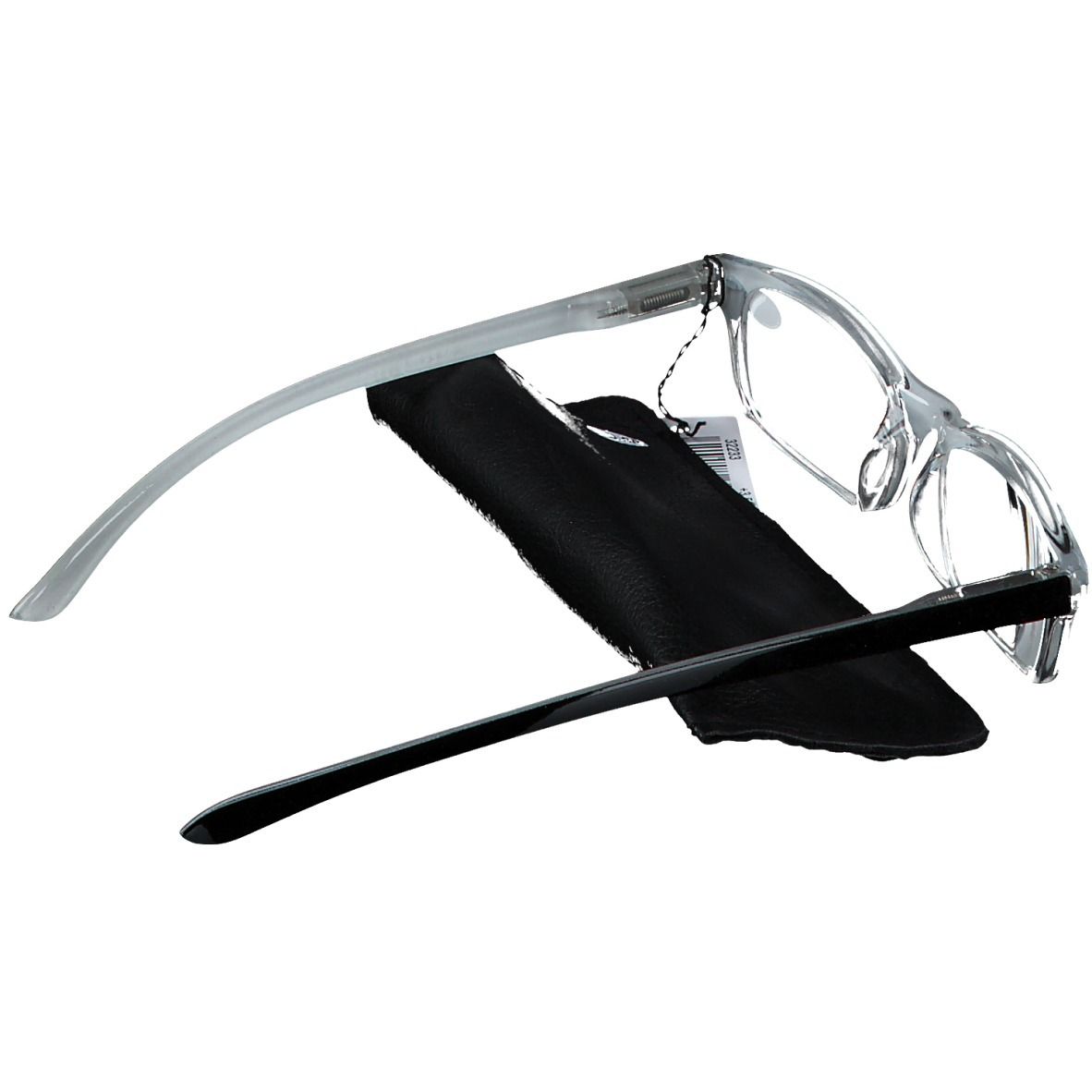 Occhiali da lettura grigi con montatura nera e custodia. L'etichetta indica +3,50.