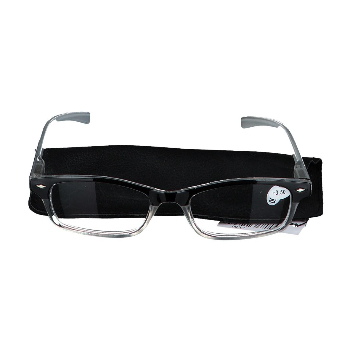 Occhiali da lettura grigi con montatura nera e custodia. L'etichetta indica +3,50.