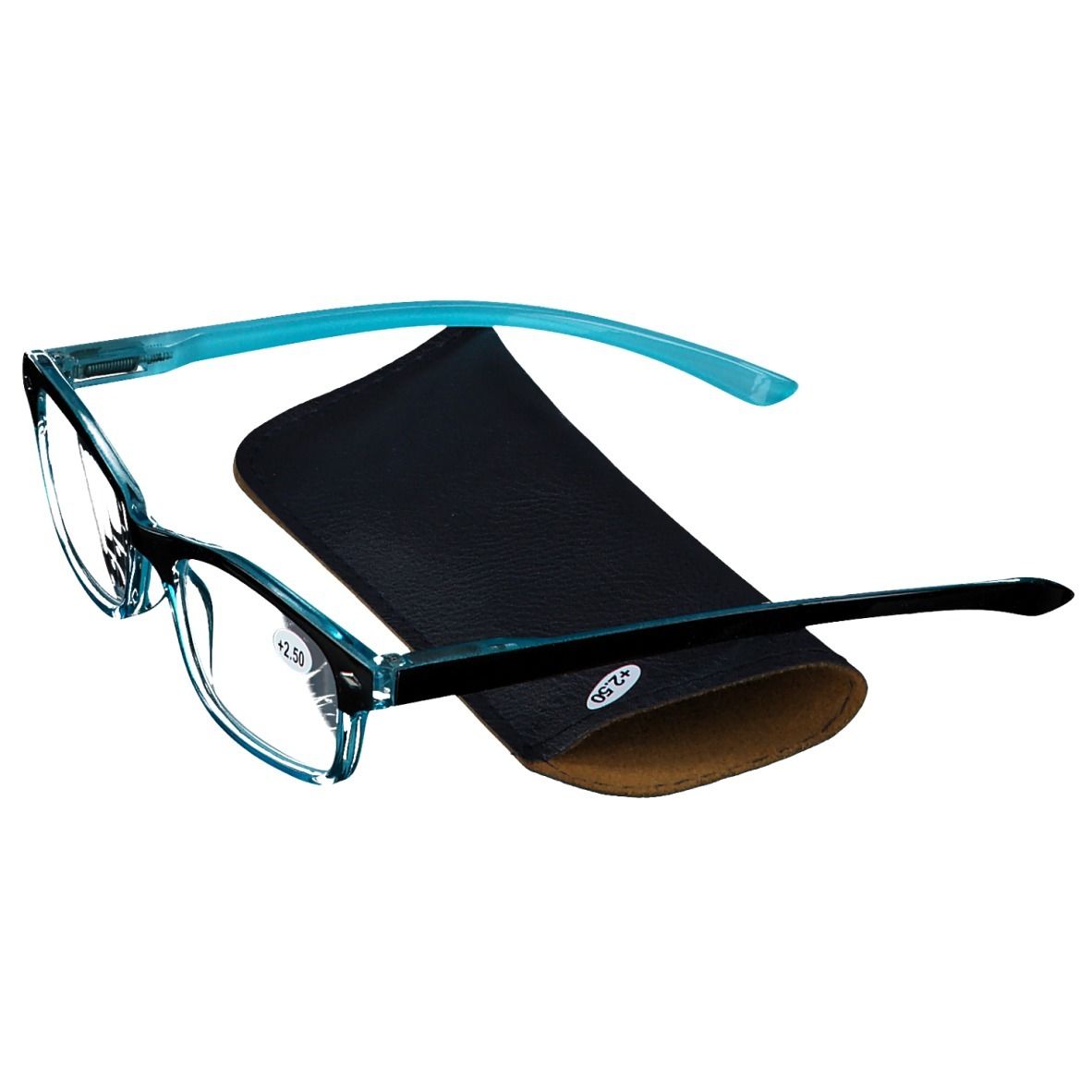 Occhiali blu con custodia nera. Sulla lente +2.50. Montatura nera e blu.