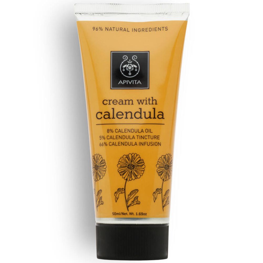 Tubo di crema 'cream with calendula'. Contiene 8% di olio di calendula, 5% di tintura di calendula e 66% di infusione di calendula.