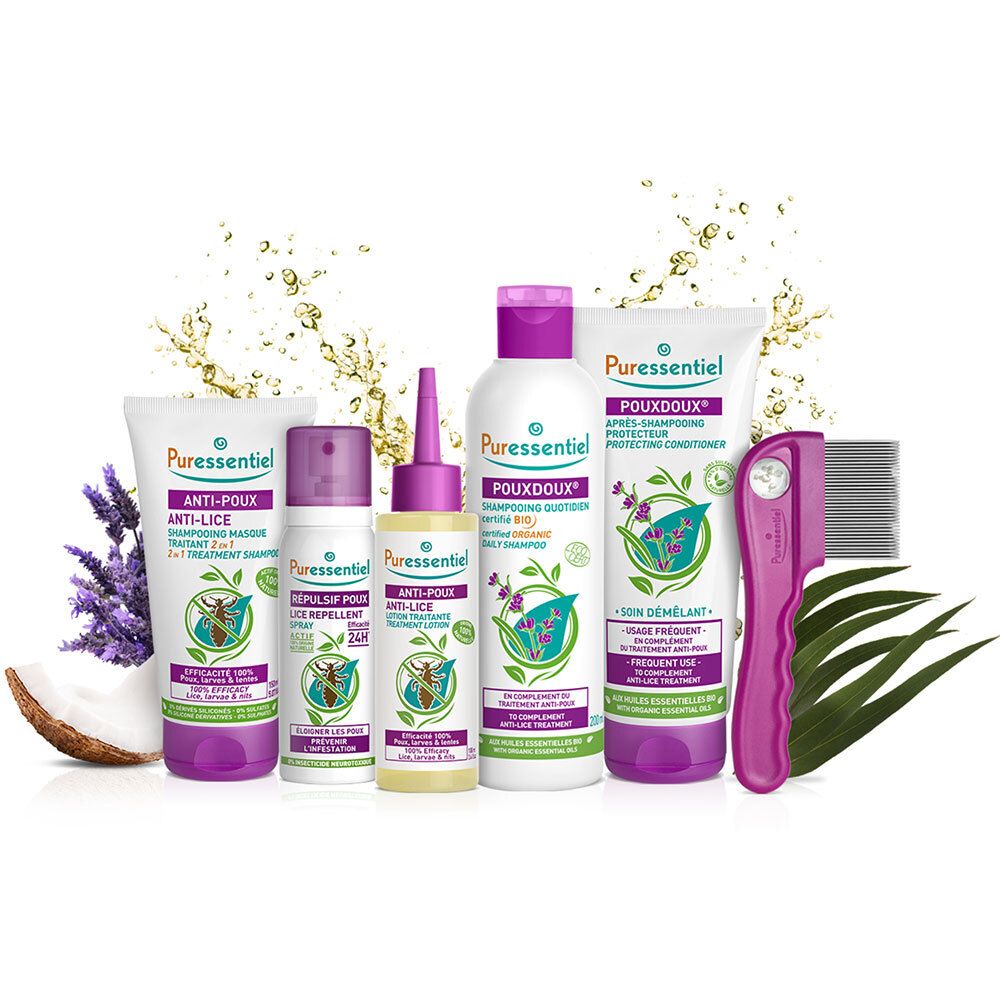 Vari prodotti Puressentiel: shampoo, balsamo, anti-pidocchi e pettine.