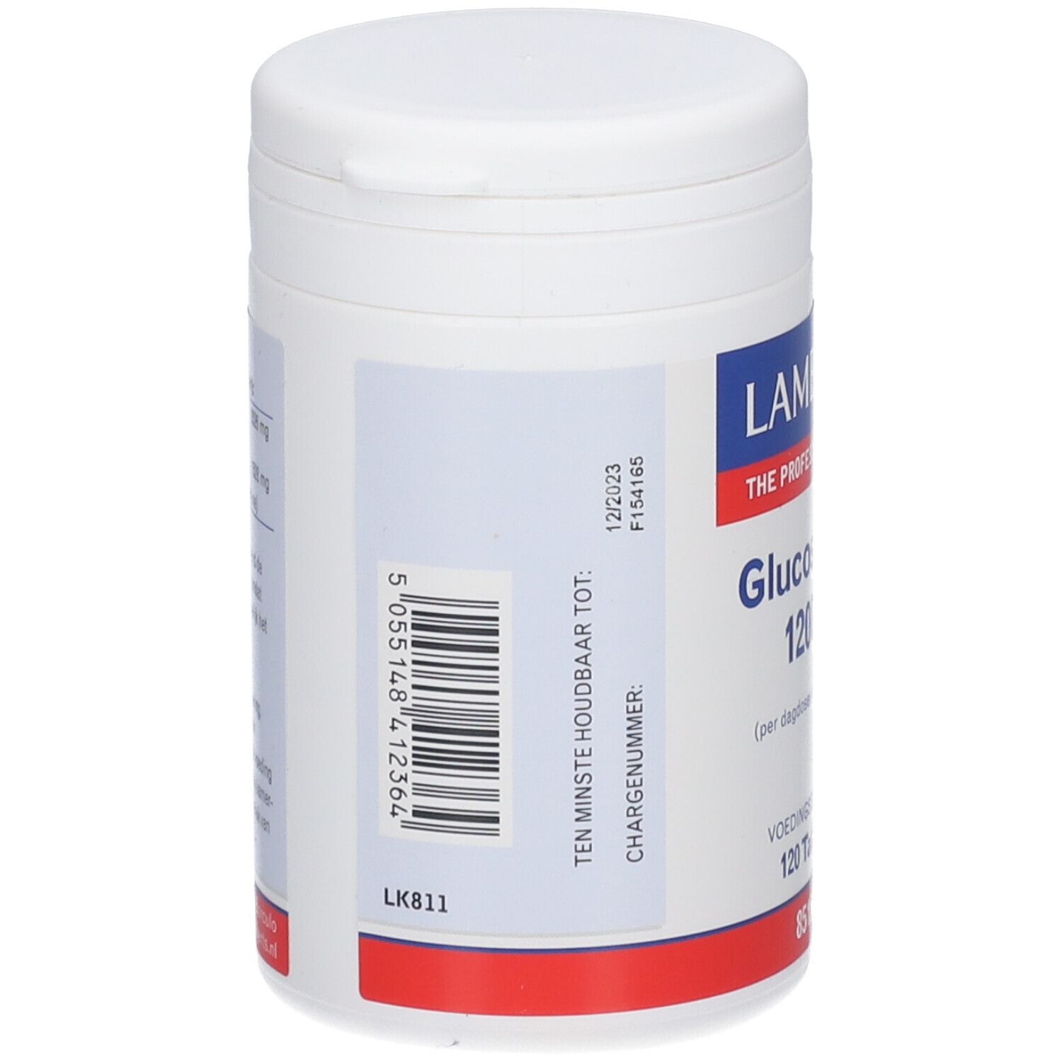 Retro del contenitore bianco. Codice a barre e testo: 'TEN MINSTE HOUDBAAR TOT:'. Numero di lotto e data di scadenza.