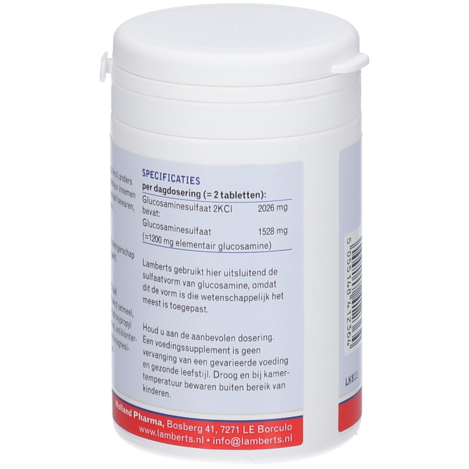 Retro del contenitore bianco. Testo con ingredienti e dosaggio. 'Glucosaminesulfat 2KCl' e '1200 mg elementair glucosamine'.