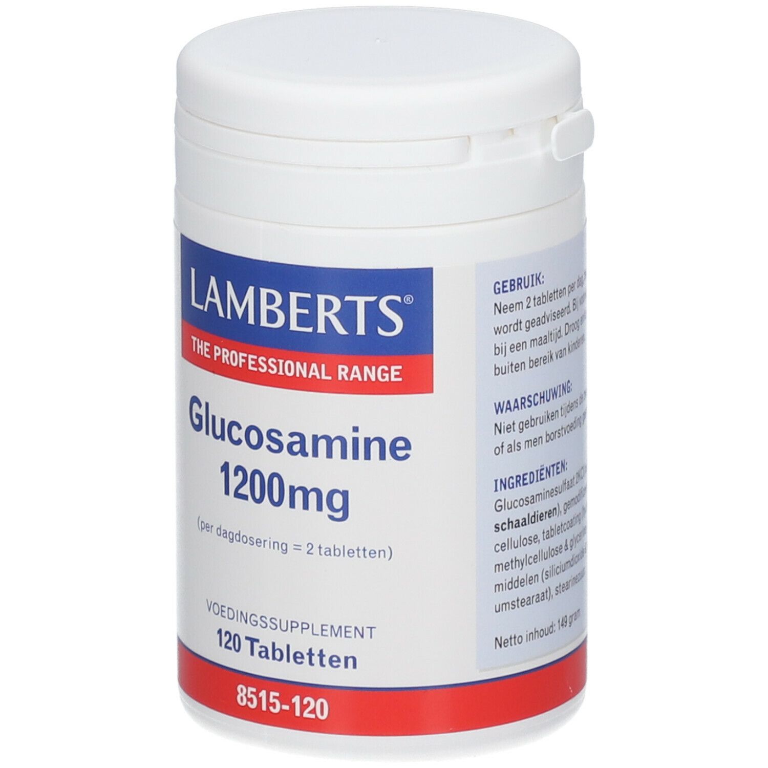 Contenitore bianco con etichetta blu e rossa. 'Lamberts', 'Glucosamine 1200mg' e '120 compresse'.