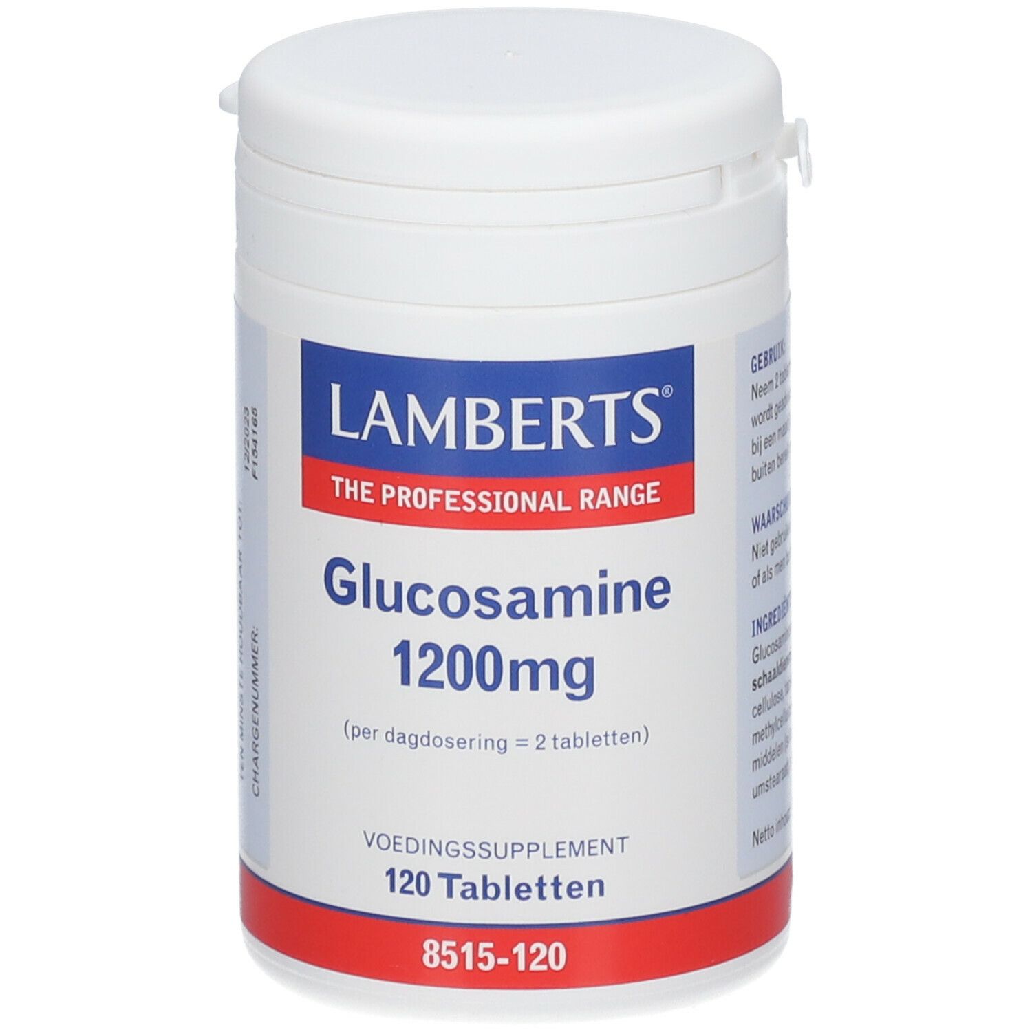 Contenitore bianco di integratore alimentare. Etichette blu e rosse con 'Lamberts', 'Glucosamine 1200mg' e '120 compresse'.