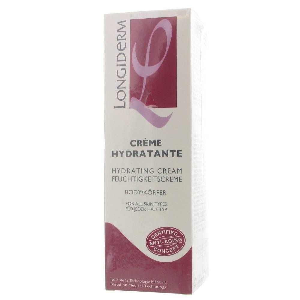 Confezione in cartone con informazioni sul prodotto. Scritte: Longiderm, Crème Hydratante, Hydrating Cream, Feuchtigkeitscreme, Body/Körper.