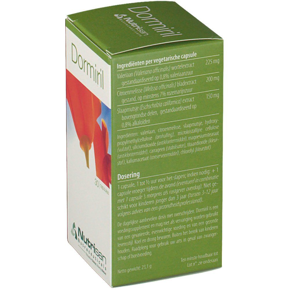 Retro della scatola Dormiril. Elenco ingredienti, dosaggio e altre informazioni. Marchio Nutrisan.