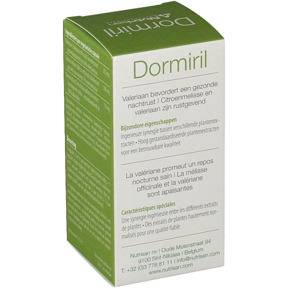 Lato della scatola Dormiril. Testo sugli ingredienti e le proprietà. Marchio Nutrisan.