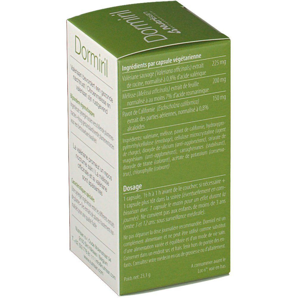 Lato della scatola Dormiril. Elenco ingredienti, dosaggio e altre informazioni. Marchio Nutrisan.